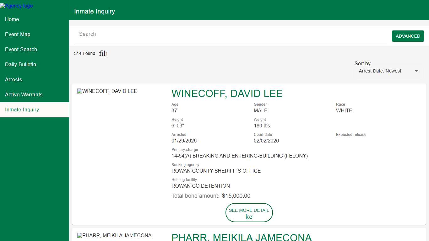 Rowan County Sheriff's Office Police to Citizen - Inmates catalog